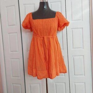 Cottagecore Babydoll Dress Vibrant Orange Crinkle Fabric Festival Resort Wear